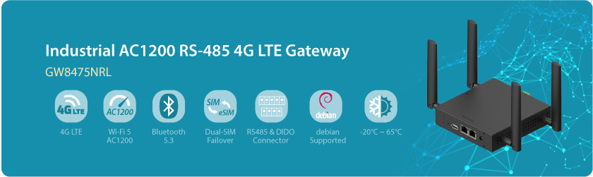 GW-8475NRL Industrial AC1200 WiFi 5 RS-485 4G LTE Gateway